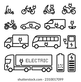 vehículos eléctricos iconos vectoriales set bicicleta, motocicleta, coche, motocicleta, bus, camión, camioneta, estación de carga, enchufe, eco-energía, transporte aislado