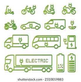 electric vehicles vector icons set bike, scooter, car, motorbikes, bus, truck, van, charge station, plug, eco power, transport, green energy