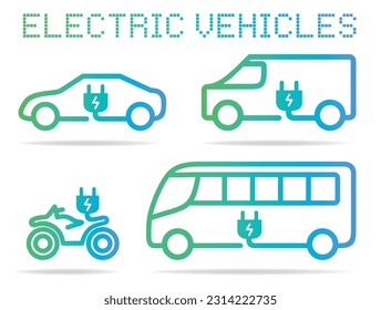 Elektrofahrzeuge Vektorsymbole setzen Auto, Bus, Van, Stecker, Öko-Energie, Verkehr, grüne Energie