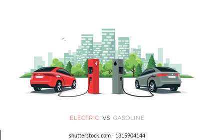 Electric versus gasoline car suv. Electric car charging at charger station vs. fossil car refueling petrol at gas station. Vector illustration with city building skyline isolated on white background.