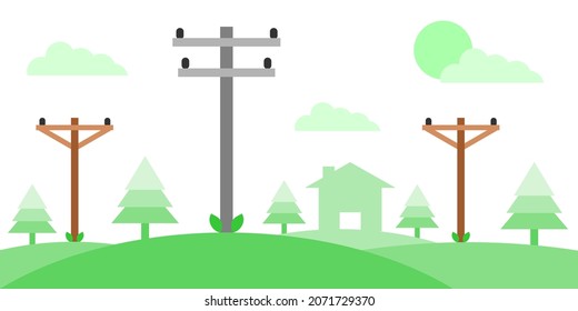 Electric voltage poles power to transmit electricity on tree hill with home icon flat vector design. Concept eco clean green energy environmentally friendly.