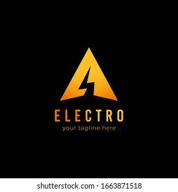 Electric voltage thunder logo inside letter A triangle shape icon symbol logo for technology, media, or entertainment