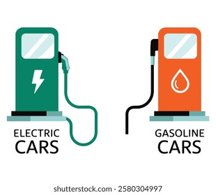 Electric vs Gasoline Car Symbols. Flat vector illustration comparing clean electric energy with traditional petrol fuel. Modern design representing the future of transportation.