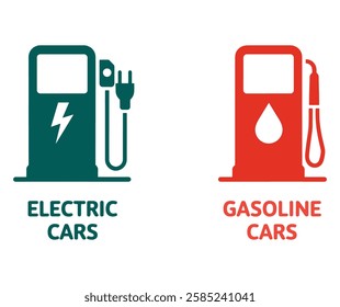 Electric vs Gasoline Car Symbols. Flat vector illustration comparing clean electric energy with traditional petrol fuel. Modern design representing the future of transportation.