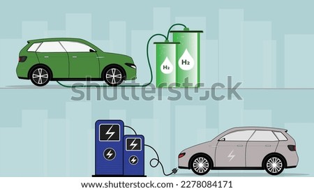 Electric vs Hydrogen Cars Vector, comparing 2 cars at charging stations running on renewable fuel sources.