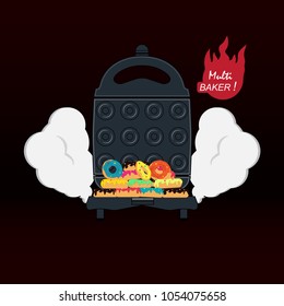 Electric waffle maker for baking donuts, wafers and a variety of desserts. Vector image of a multiplexer with colorful fried donuts.