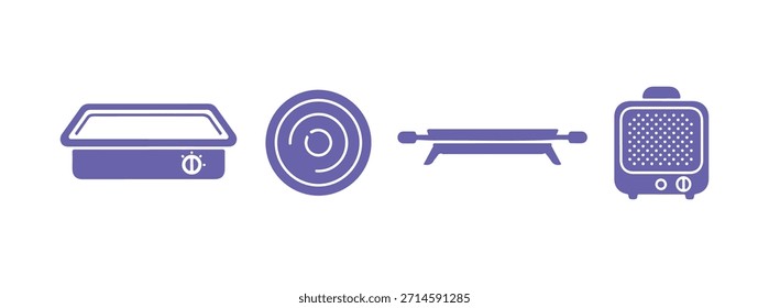 Bandeja de calentamiento eléctrico con varios 4 diseños. Icono de cocina. Ilustración vectorial