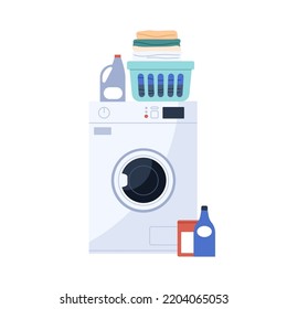 Electric washing machine, detergents and laundry in basket. Home washer appliance, bottles and stacked clean clothes, fresh garments. Flat vector illustration isolated on white background