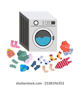Electric washing machine and laundry. Clothes around washing machine. Flat vector illustration isolated on white background.	