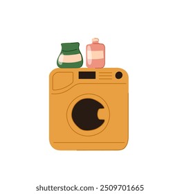 Electric Washing Machine with washing powders in flat style. Design for home , cleaning or household themes. Vector illustration isolated on a white background.