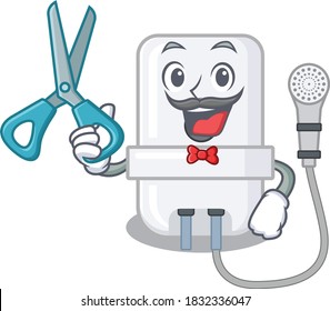 electric water heater cartoon character design as talented barber