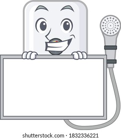 electric water heater cartoon design style standing behind a board