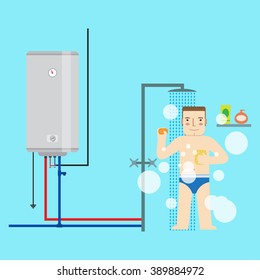 Electric water heater and man in the bathroom taking a shower. Flat icon for  web design and application interface, also useful for infographics. Vector illustration.