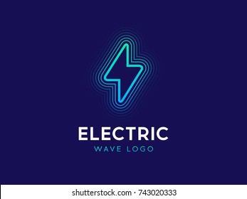 Electric wave logo concept. Lightning sign with waves. Electricity power logotype. Flash logo design in linear style. Lightning bolt with waves. Modern line vector illustration