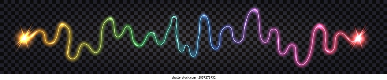 Elektrischer Wellenwirl, Impulsdraht. Spektralfarbenlicht-Effekt, Blitzschlag-Donner, Stromkabel. Einzeln auf dunklem Hintergrund. Vektorgrafik