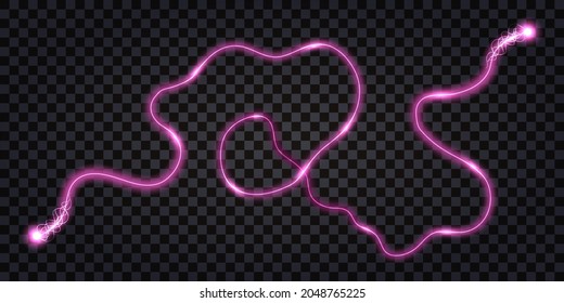 Electric wave swirl wire, discharge shock, lightning thunder bolt, Pink color electrical cable, connection impulse, light flash explosion. Isolated on transparent background. Vector illustration