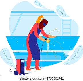 Electric welder worker woman character, female mechanic occupation professional metalworking isolated on white, cartoon vector illustration. Person hold welding device protect mask, repair pipeline.