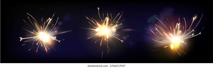 Electric welding sparks with firecracker fire explosion effect. Metal grinder sparkle and flame light bursts - realistic bright flare particles flying from torch work isolated on dark backdrop.
