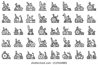 Electric wheelchair icons set outline vector. Adult battery. Care disability