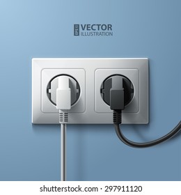 Electric white and black plugs and white plastic socket on blue wall background. RGB EPS 10 vector illustration