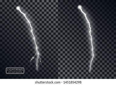 Electric white lightning flash discharge with soft transparent glow effect. Vector design element isolated on dark checkered background.