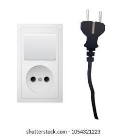 Electric white socket with plug and switch. Electricity vector illustration. Household appliances.