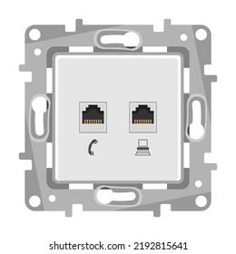 Electric white sockets with connectors , Internet, home phone.
Сoncealed installation.
Isolated, realistic illustration.