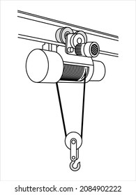 Electric winch for lifting cargo. Electric hoist with steel rope or wire, cable, wheel. 
Vector illustration