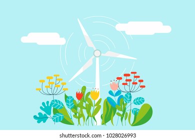 Electric wind mill in natural background with plants, flowers and leaves - Conceptual vector illustration for renewable energy