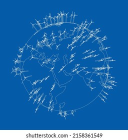 Electric wind turbines on Earth. Vector rendering of 3d. Wire-frame style. The layers of visible and invisible lines are separated