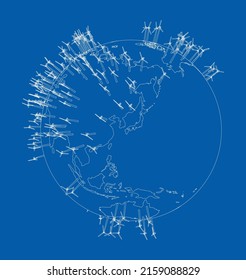 Electric wind turbines on Earth. Vector rendering of 3d. Wire-frame style. The layers of visible and invisible lines are separated