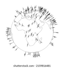 Electric wind turbines on Earth. Vector rendering of 3d. Wire-frame style. The layers of visible and invisible lines are separated