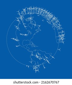Electric wind turbines on Earth. Vector rendering of 3d. Wire-frame style. The layers of visible and invisible lines are separated