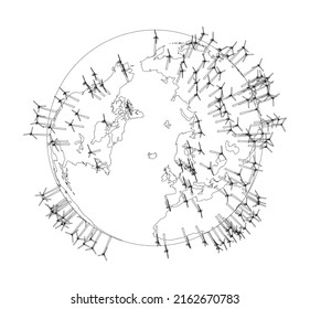 Electric wind turbines on Earth. Vector rendering of 3d. Wire-frame style. The layers of visible and invisible lines are separated