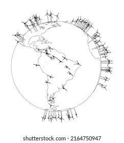 Electric wind turbines on Earth. Vector rendering of 3d. Wire-frame style. The layers of visible and invisible lines are separated