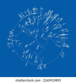 Electric wind turbines on Earth. Vector rendering of 3d. Wire-frame style. The layers of visible and invisible lines are separated