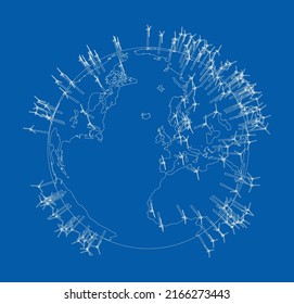 Electric wind turbines on Earth. Vector rendering of 3d. Wire-frame style. The layers of visible and invisible lines are separated
