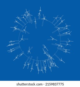 Electric wind turbines on round planet. Vector rendering of 3d. Wire-frame style. The layers of visible and invisible lines are separated