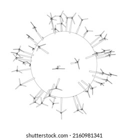 Electric wind turbines on round planet. Vector rendering of 3d. Wire-frame style. The layers of visible and invisible lines are separated
