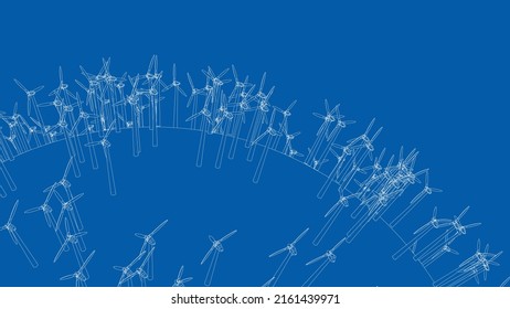 Electric wind turbines on round planet. Vector rendering of 3d. Wire-frame style. The layers of visible and invisible lines are separated