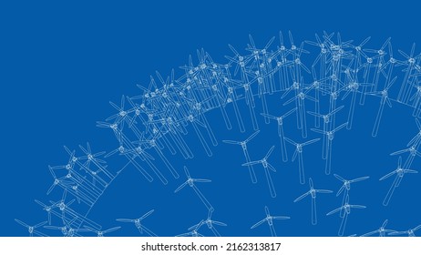 Electric wind turbines on round planet. Vector rendering of 3d. Wire-frame style. The layers of visible and invisible lines are separated