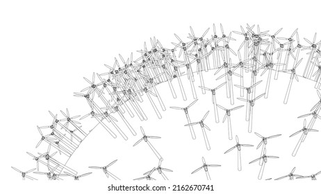 Electric wind turbines on round planet. Vector rendering of 3d. Wire-frame style. The layers of visible and invisible lines are separated