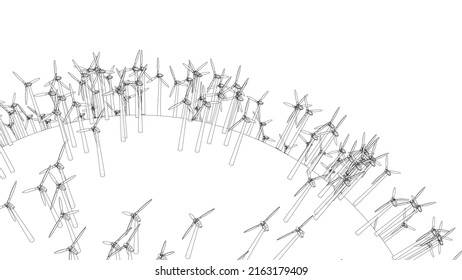 Electric wind turbines on round planet. Vector rendering of 3d. Wire-frame style. The layers of visible and invisible lines are separated