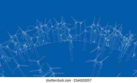 Electric wind turbines on round planet. Vector rendering of 3d. Wire-frame style. The layers of visible and invisible lines are separated