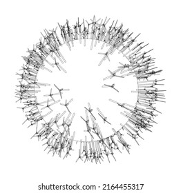 Elektrische Windturbinen auf dem runden Planeten. Vektorgrafik von 3d. Wire-Frame-Stil. Die Schichten sichtbarer und unsichtbarer Linien sind getrennt