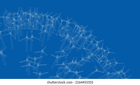 Electric wind turbines on round planet. Vector rendering of 3d. Wire-frame style. The layers of visible and invisible lines are separated