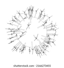 Electric wind turbines on round planet. Vector rendering of 3d. Wire-frame style. The layers of visible and invisible lines are separated