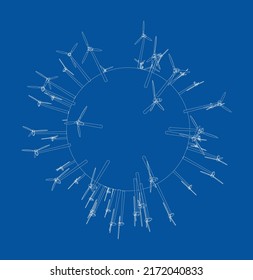 Electric wind turbines on round planet. Vector rendering of 3d. Wire-frame style. The layers of visible and invisible lines are separated