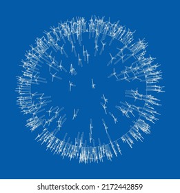 Electric wind turbines on round planet. Vector rendering of 3d. Wire-frame style. The layers of visible and invisible lines are separated