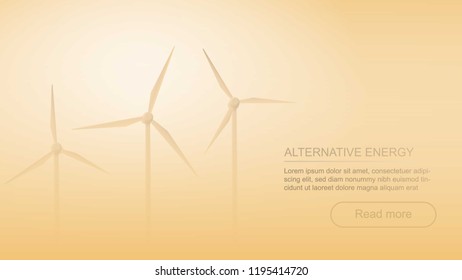 Electric Windmills Landscape in the mist in cloudy weather. 3d business concept. Wind farm in smoke. Biege tones